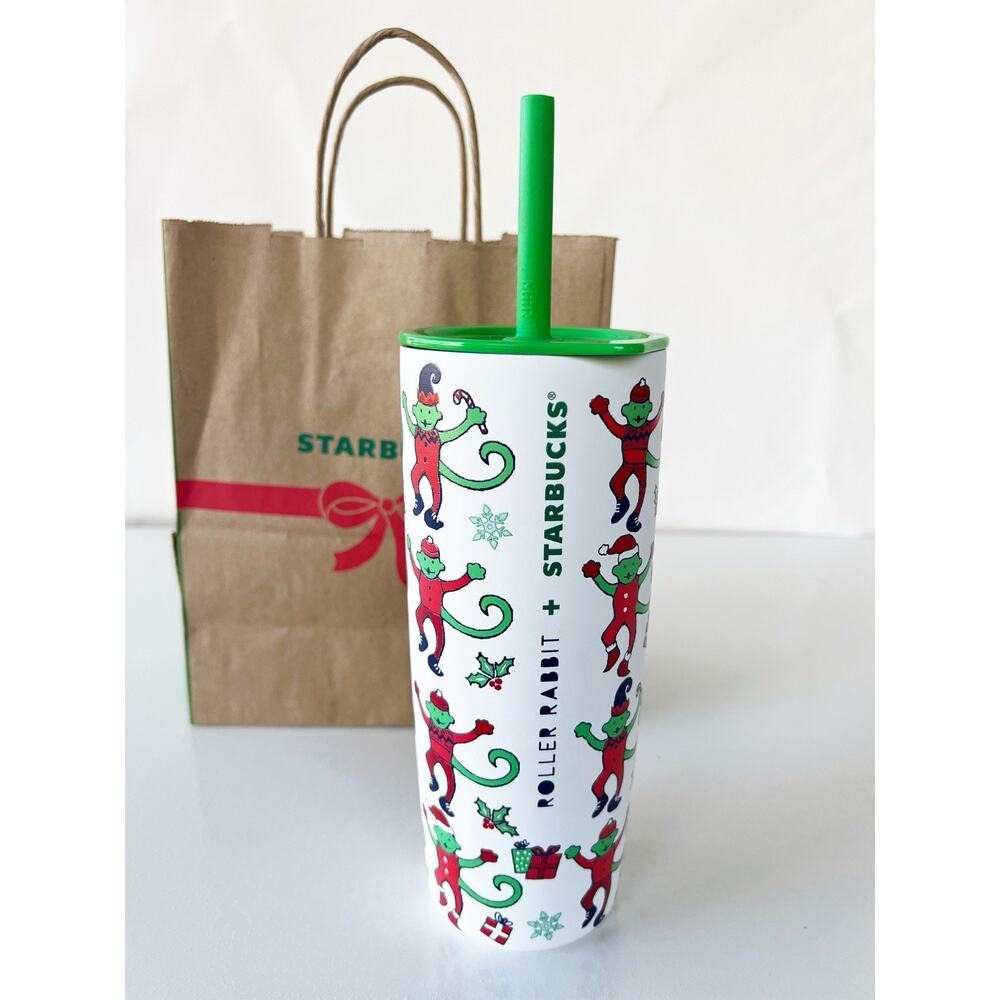 Starbucks X Roller Rabbit Green and Red Tumbler Christmas Monkey 24oz